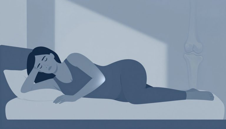 Une femme allongée montre un genou douloureux éclairé dans une chambre sombre.