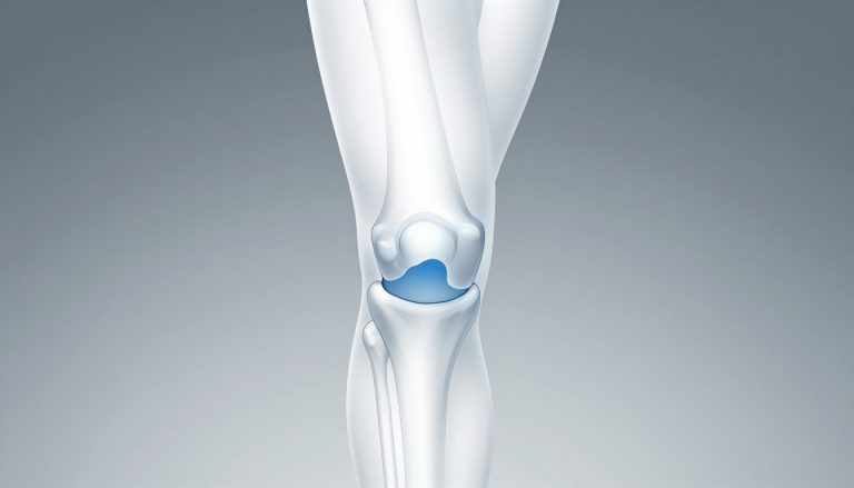 Illustration d’un genou fléchi avec le cartilage, le ménisque et une zone bleutée.