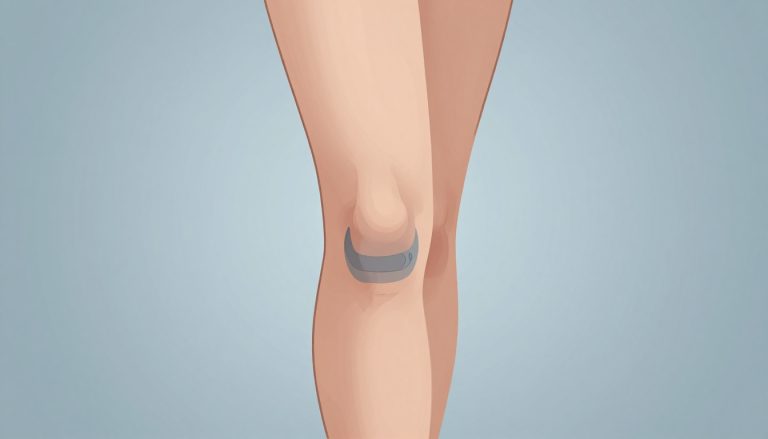 Illustration d’un genou légèrement fléchi avec une zone bleue indiquant un gonflement.