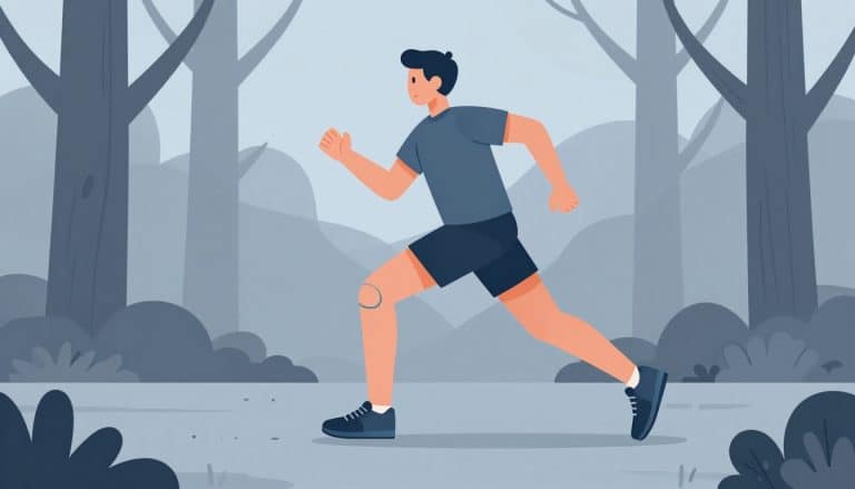 Coureur sur un sentier forestier, avec une ligne bleu-vert au niveau du genou externe.