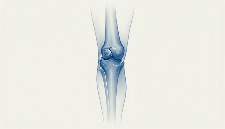 Illustration d’un genou gauche légèrement fléchi, avec une zone gonflée en bleu autour de l’articulation.