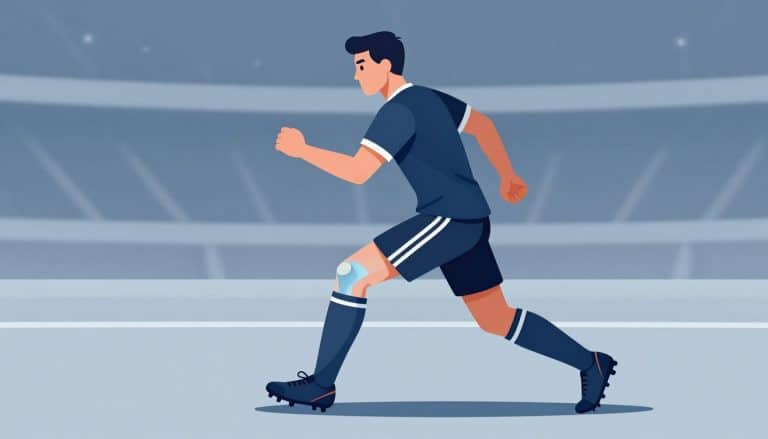 Footballeur pivotant avec le genou droit tordu et le ligament croisé mis en évidence.