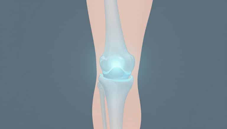 Genou légèrement fléchi avec un gonflement bleu autour de l’articulation.
