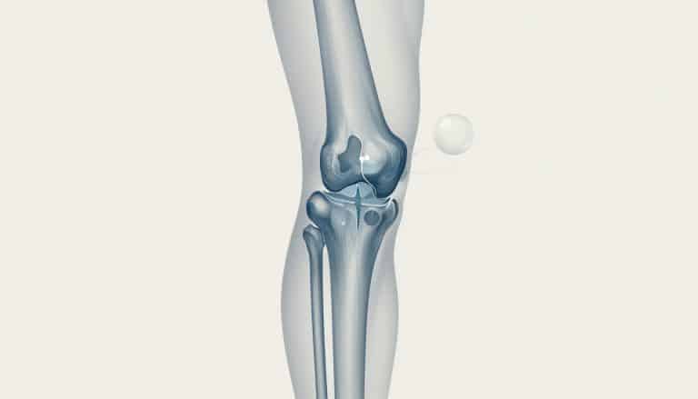 Illustration d’un genou fléchi montrant les os, le cartilage et une petite bulle gazeuse.