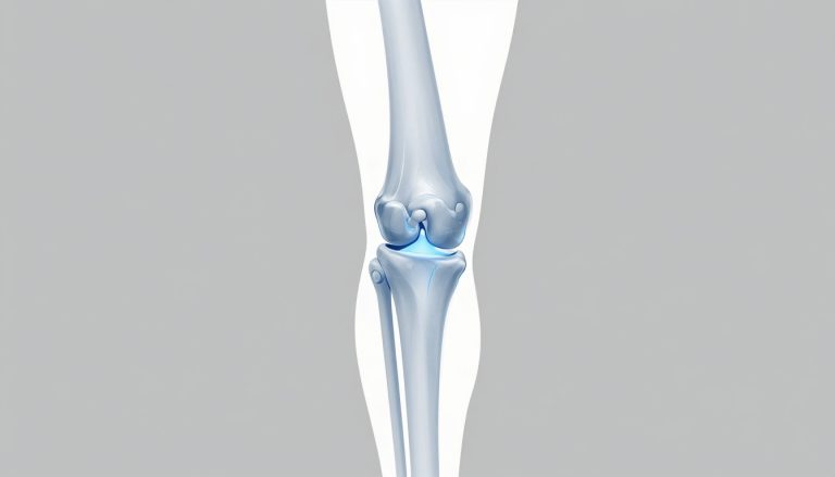 Illustration d’un genou transparent montrant les os, les ligaments et une zone douloureuse en bleu.