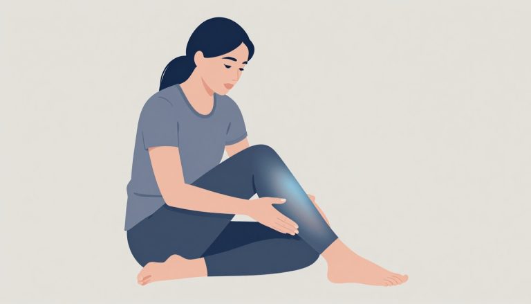 Une femme tient son genou droit légèrement gonflé, mis en évidence par une lueur bleutée.