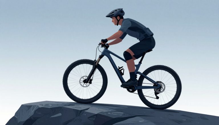 Un pilote équilibre un VTT trial sur un rocher, la roue avant levée.