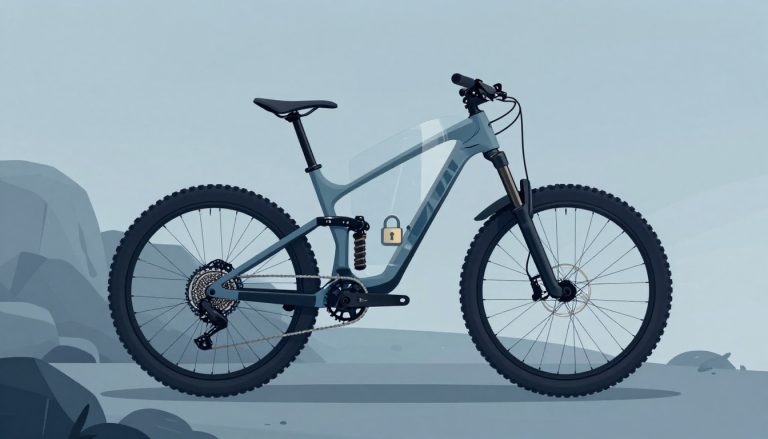 Un VTT bleu ardoise est garé devant un sentier rocheux, avec un bouclier et un cadenas.