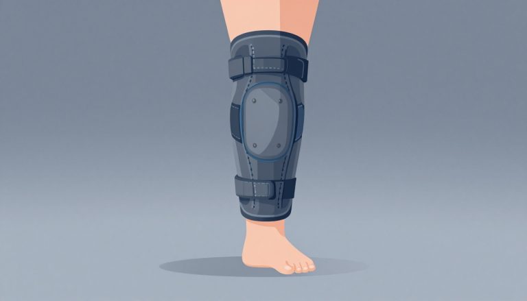 Une genouillère grise entoure une jambe fléchie sur fond gris bleuté.