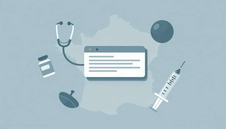 Illustration d’un genou entouré d’icônes médicales et d’une carte de France.