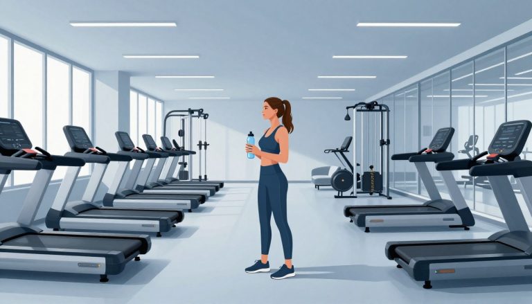 Une femme compare un gymnase économique et un club de fitness haut de gamme.