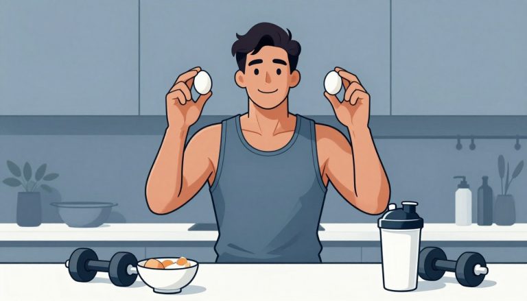 Un homme musclé tient deux œufs dans une cuisine avec un shaker et des haltères.