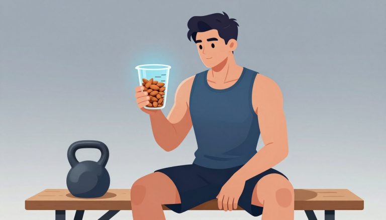 Un homme musclé tient un verre rempli d’amandes dans une salle de sport.
