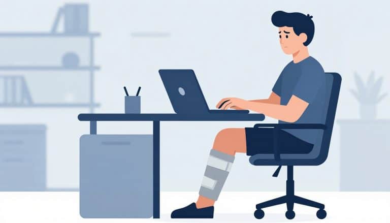 Une employée tape sur un ordinateur, la jambe droite soutenue par une genouillère.