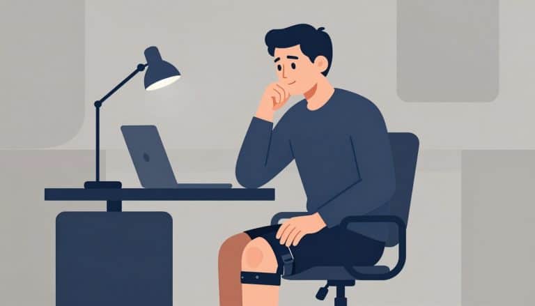 Une professionnelle assise au bureau porte une genouillère au genou droit.