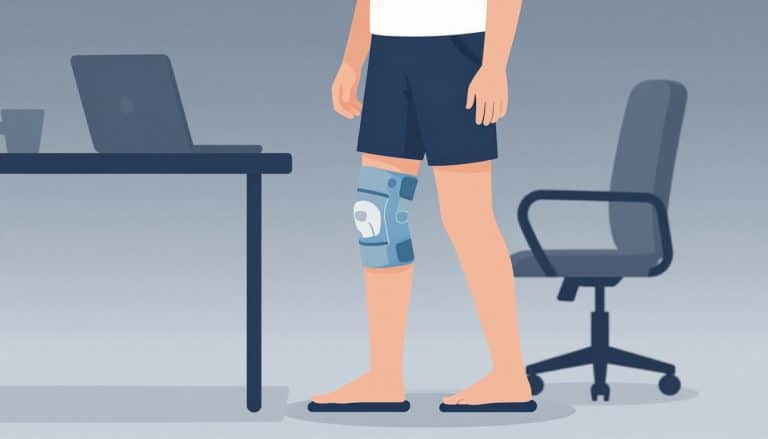 Personne debout avec une genouillère bleue au genou gauche, près d’un bureau.