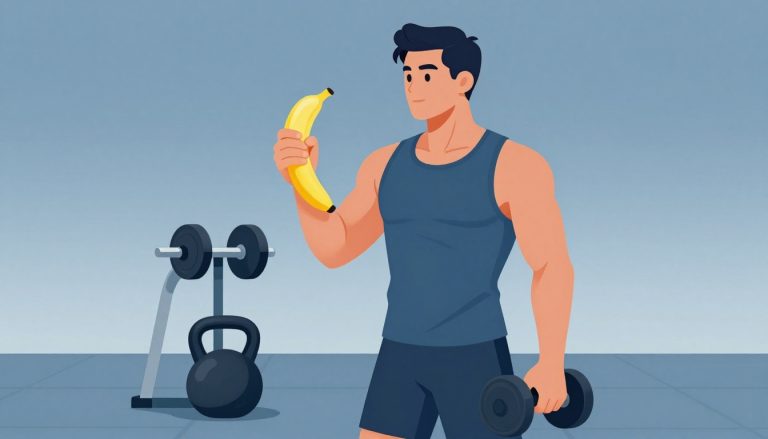 Un sportif tient une banane près d’un support d’haltères et d’un kettlebell.