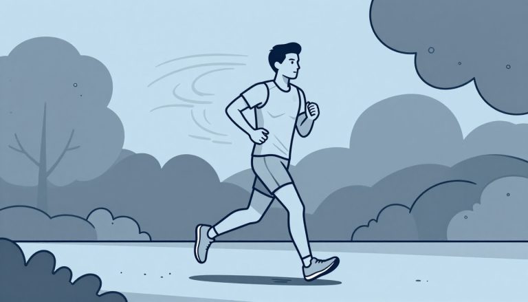 Un coureur avance sur un chemin de parc, entouré d’arbres gris et de lignes de mouvement.