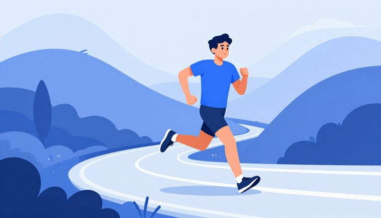 Un coureur en foulée sur une route pavée entre des collines.