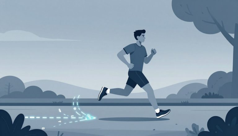 Un coureur avance sur un chemin de parc, suivi d’une traînée lumineuse d’empreintes et de rythme cardiaque.