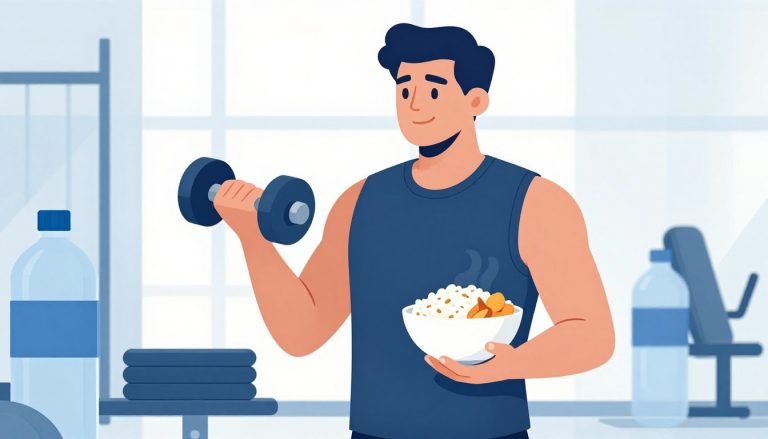 Un sportif tient un haltère et un bol de riz et de patates douces dans une salle de sport.
