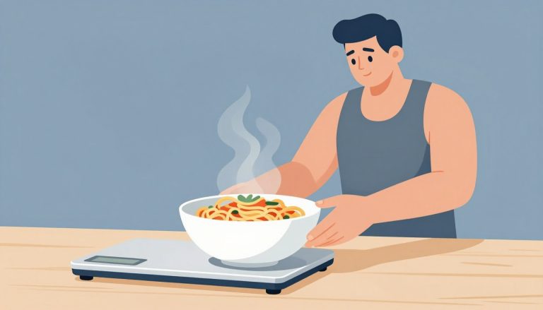 Un bol de pâtes fumantes avec une balance et un homme sportif.