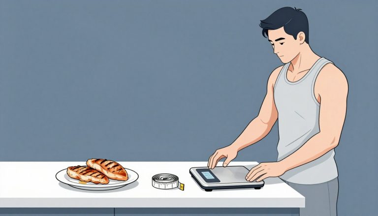 Un homme mesure une assiette de poulet grillé avec une balance numérique.