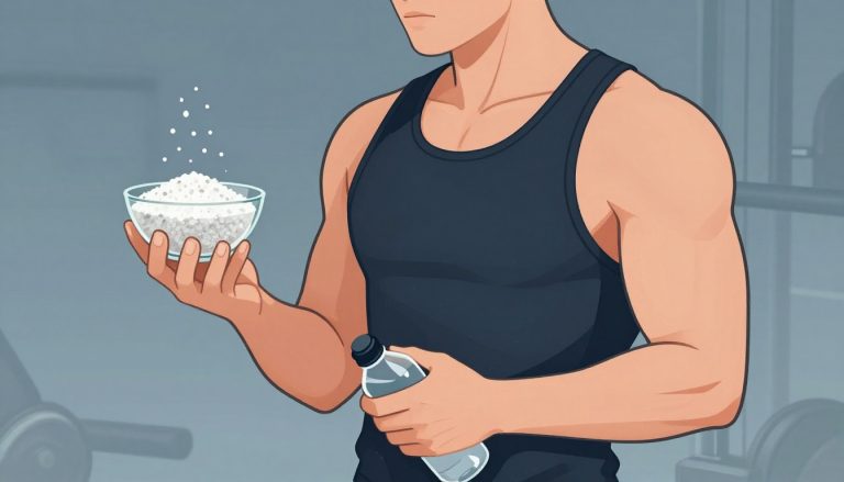 Un culturiste tient un bol de gros sel et une bouteille d’eau dans une salle de sport.