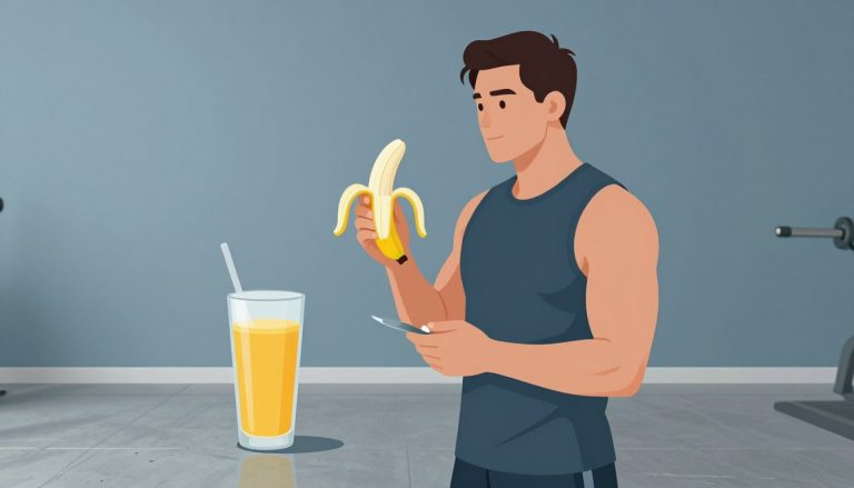 Un homme musclé tient une banane et une boisson orange, avec une cuillère de sucre flottant à côté de lui.