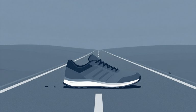 Une paire de chaussures de course sur une route sinueuse.