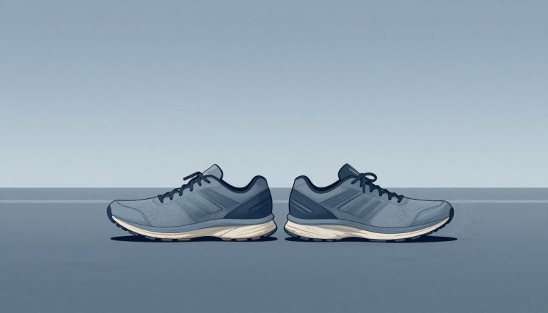 Deux chaussures de running usées posées sur un asphalte lisse, avec une traînée de poussière.