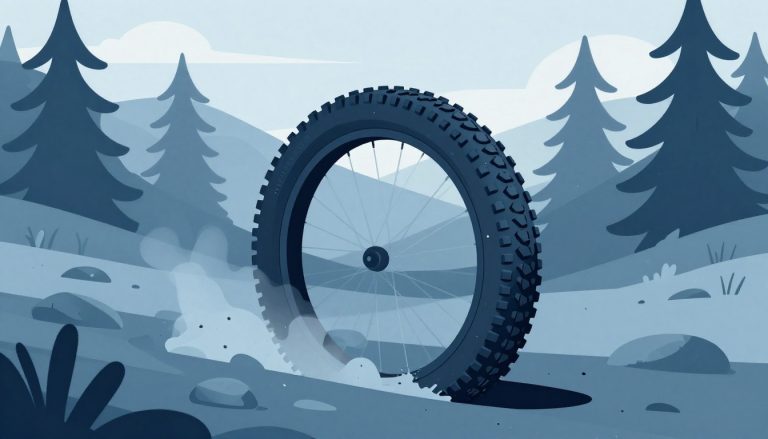 Un pneu de VTT usé repose à moitié dans un sentier rocheux.