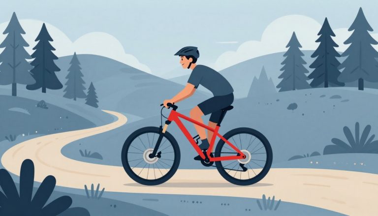Un cycliste souriant roule à VTT sur un sentier forestier vallonné.