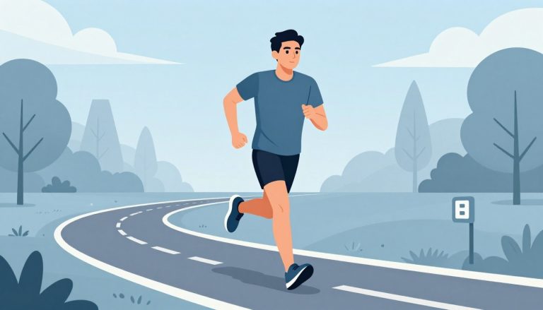 Un coureur avance sur un sentier de parc avec un repère kilométrique.