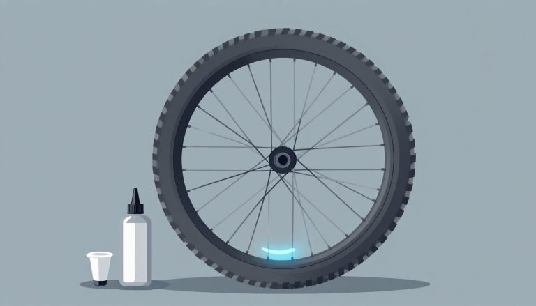 Roue de VTT tubeless avec liquide bleu, flacon argenté et doseur.