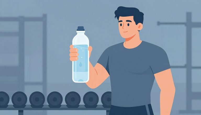 Un haltérophile tient une bouteille d’eau près d’un râtelier d’haltères.