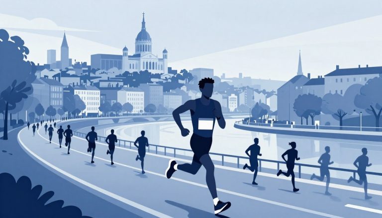 Un coureur devant Fourvière, la Saône et une foule à Lyon.