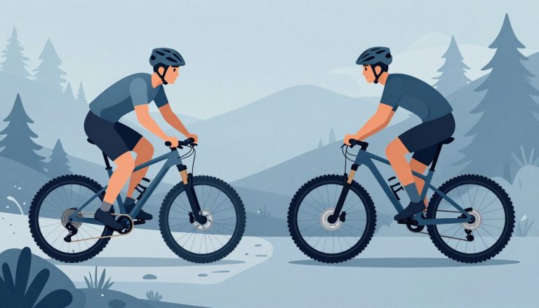 Un cycliste compare un VTT de 27,5 pouces sur un sentier rocheux et un modèle de 29 pouces en forêt.