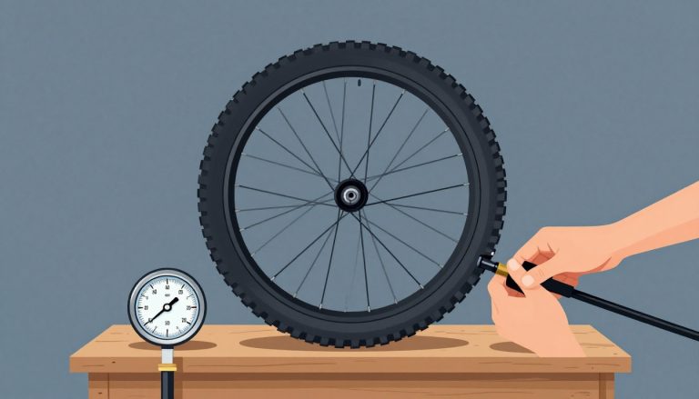 Un pneu de VTT sur un établi, avec un manomètre et des mains gantées à la valve.
