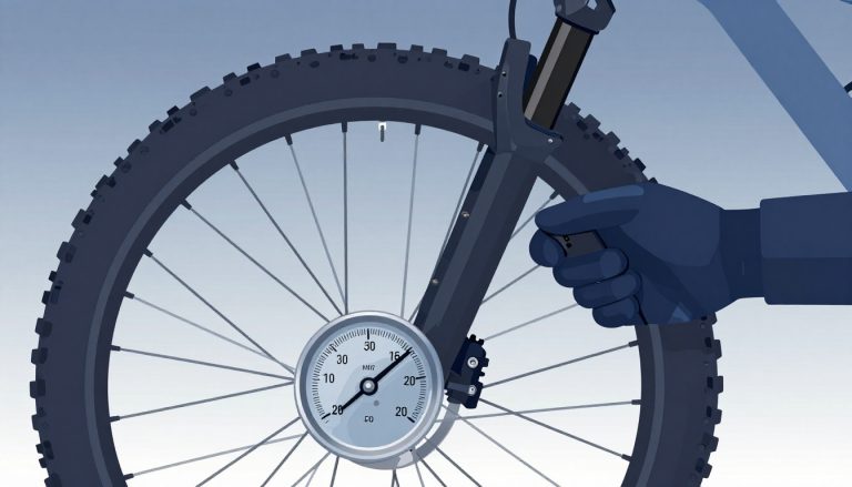 Une main gantée règle la valve d’une roue de VTT près d’un manomètre.