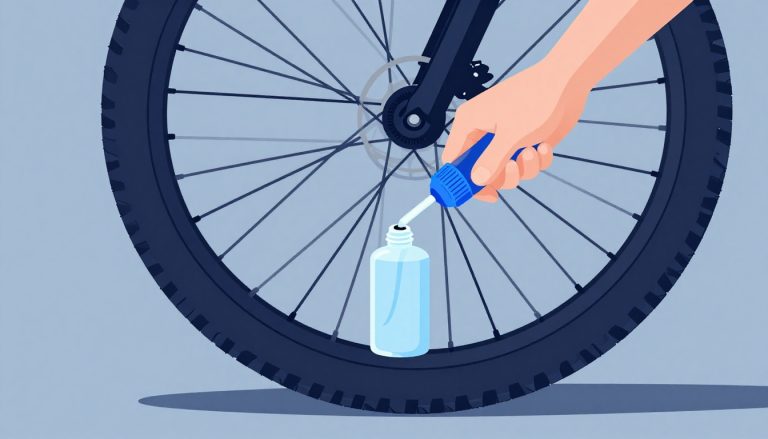 Une main verse du préventif dans la valve ouverte d’une roue de VTT.