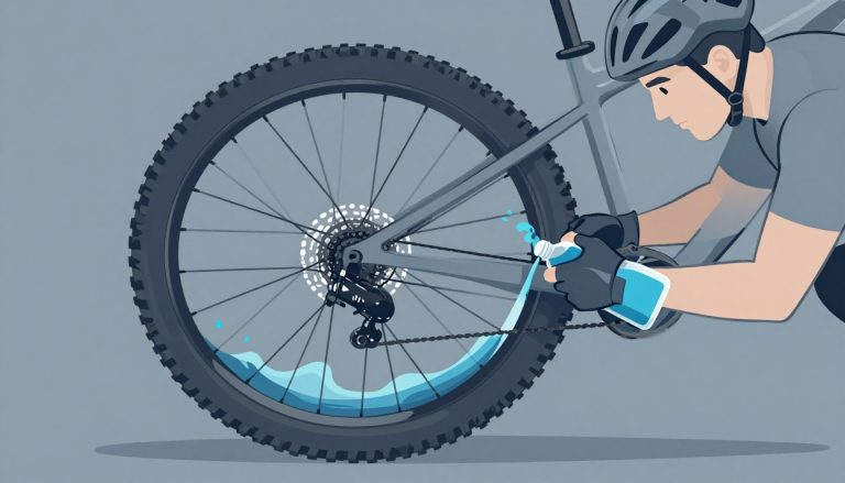 Un cycliste verse du préventif bleu dans la valve d’une roue de VTT.