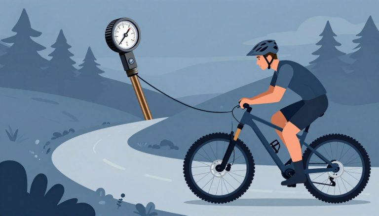 Un vététiste contrôle la pression de la fourche de son vélo sur un sentier forestier.