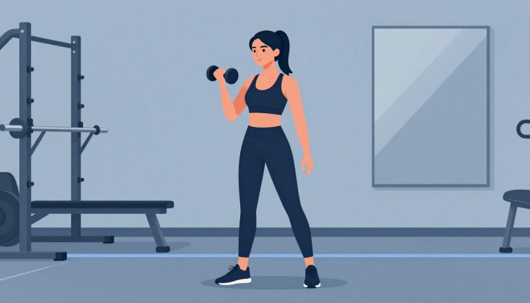 Une femme tient un haltère dans une salle de sport moderne.