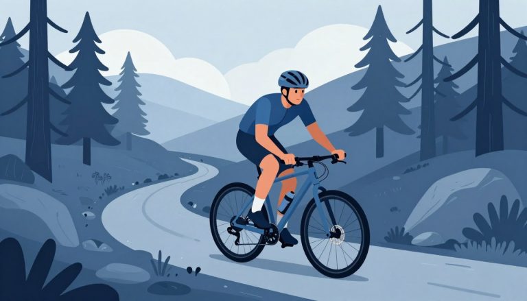 Un cycliste casqué roule sur un VTT au milieu d’un sentier forestier.
