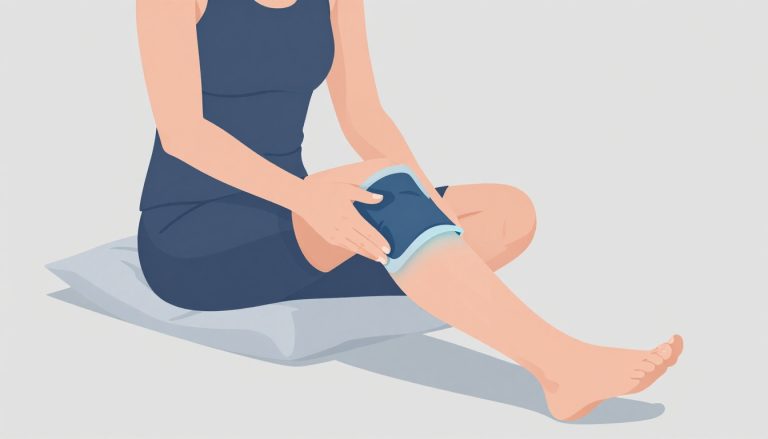 Une femme surélève sa jambe droite, avec de la glace sur un genou gonflé.