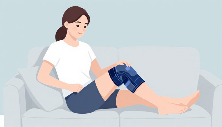 Une femme sur un canapé, la jambe droite surélevée et soutenue par un coussin.