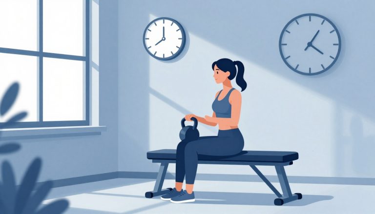 Une femme assise sur un banc tient un kettlebell sous une horloge murale.