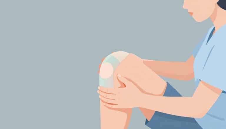 Un genou droit légèrement gonflé, soutenu par la main d’une kinésithérapeute.