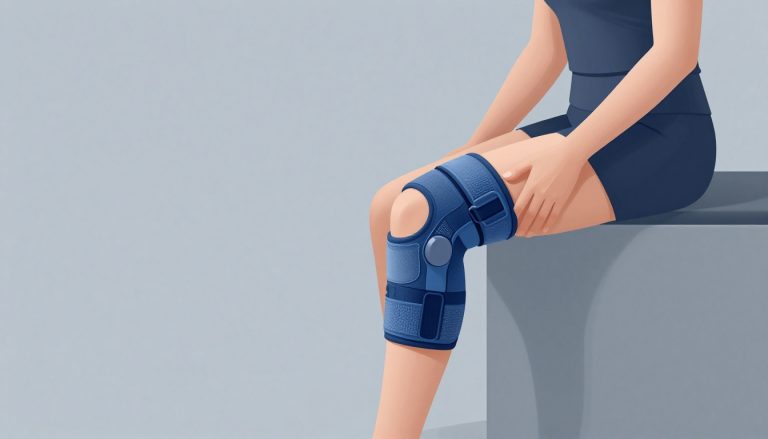 Femme assise avec une attelle bleu ardoise autour du genou gauche.